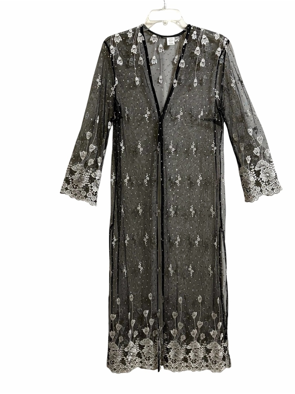 Magical Sheer Black Robe - Embroidered Metallic Flowers - XS fits like S/M